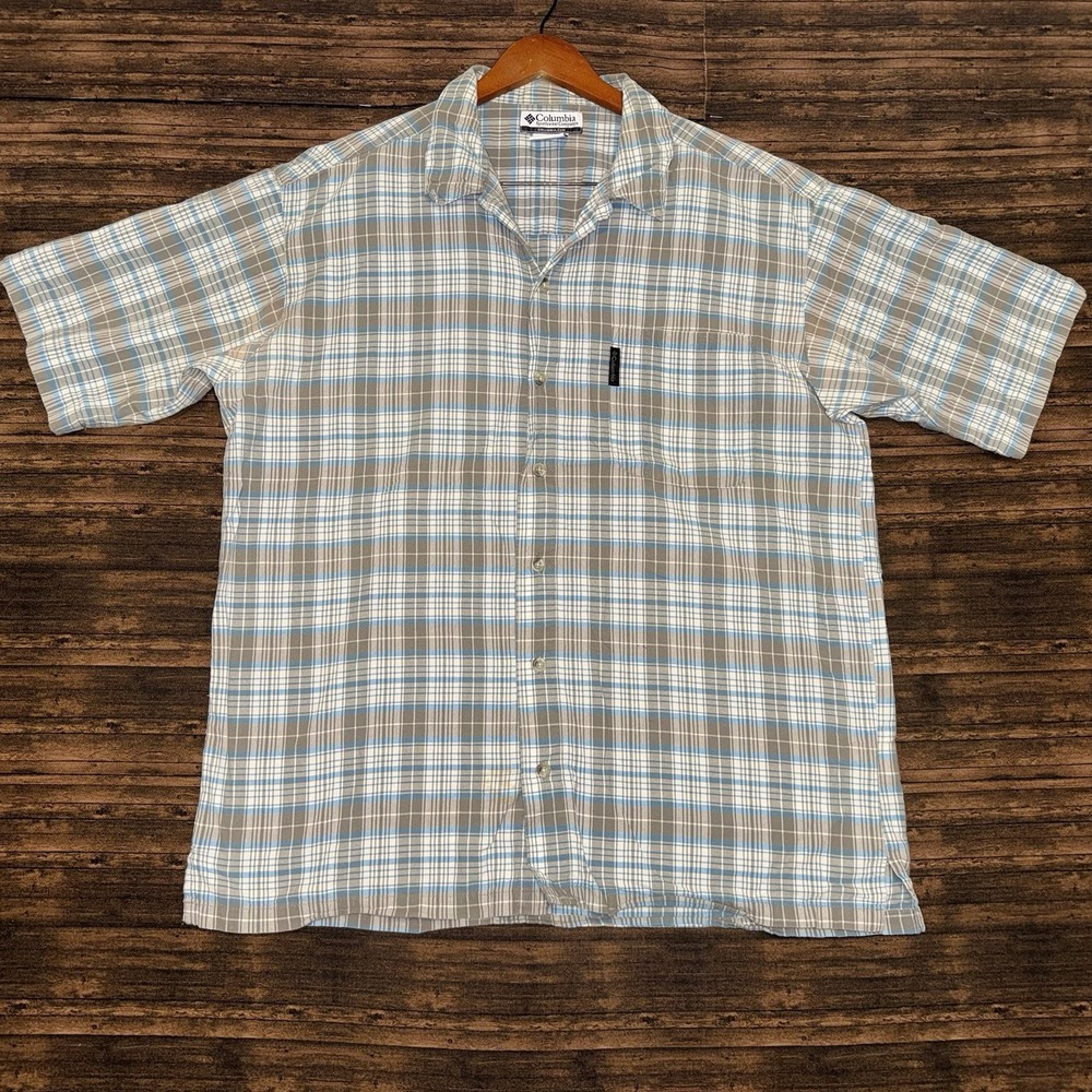 Columbia Shirt Mens XL Green Plaid Button Down Short Sleeve Pocket Cotton Logo